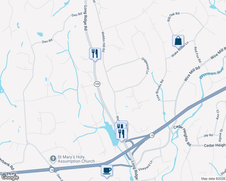 map of restaurants, bars, coffee shops, grocery stores, and more near 179 Webbs Hill Road in Stamford