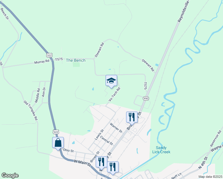 map of restaurants, bars, coffee shops, grocery stores, and more near 576 Vo-Tech Road in Reynoldsville