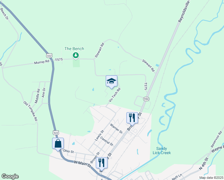 map of restaurants, bars, coffee shops, grocery stores, and more near 576 Vo-Tech Road in Reynoldsville