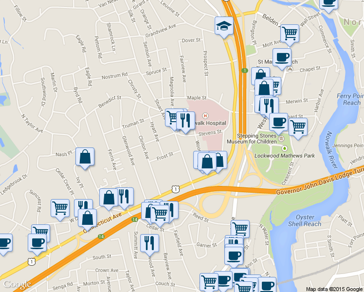 map of restaurants, bars, coffee shops, grocery stores, and more near 2D Frost Street in Norwalk