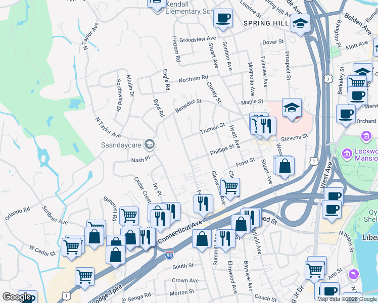 map of restaurants, bars, coffee shops, grocery stores, and more near 47 Ferris Avenue in Norwalk