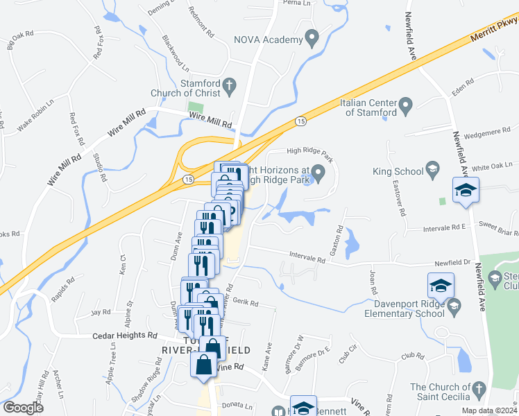 map of restaurants, bars, coffee shops, grocery stores, and more near 181 Turn of River Road in Stamford
