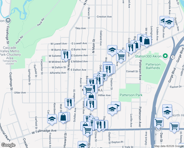 map of restaurants, bars, coffee shops, grocery stores, and more near 867 North Main Street in Akron