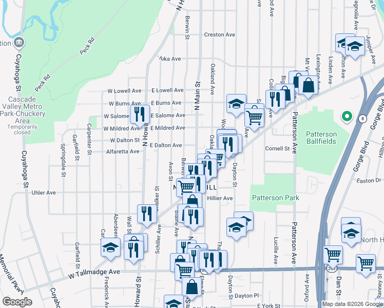 map of restaurants, bars, coffee shops, grocery stores, and more near 878 Berwin Street in Akron