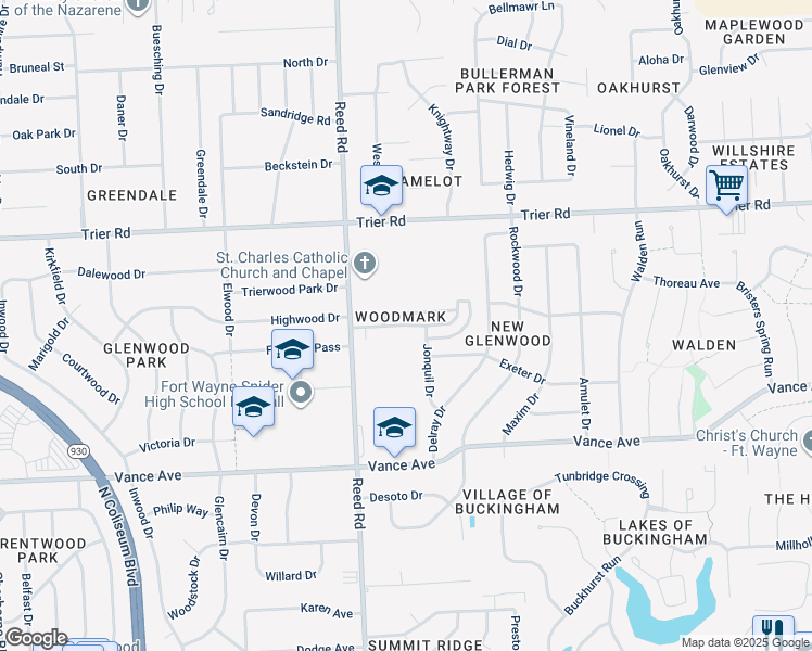 map of restaurants, bars, coffee shops, grocery stores, and more near 4920 Woodmark Drive in Fort Wayne