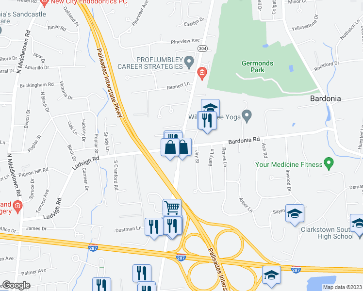 map of restaurants, bars, coffee shops, grocery stores, and more near 325 New York 304 in Bardonia