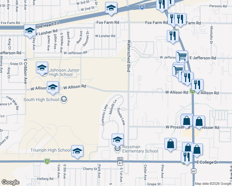 map of restaurants, bars, coffee shops, grocery stores, and more near 912 Melody Lane in Cheyenne