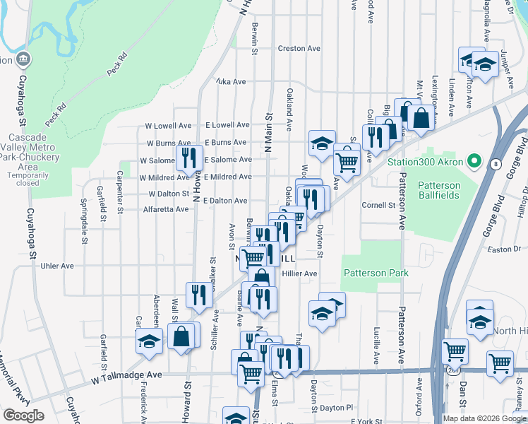 map of restaurants, bars, coffee shops, grocery stores, and more near 867 North Main Street in Akron