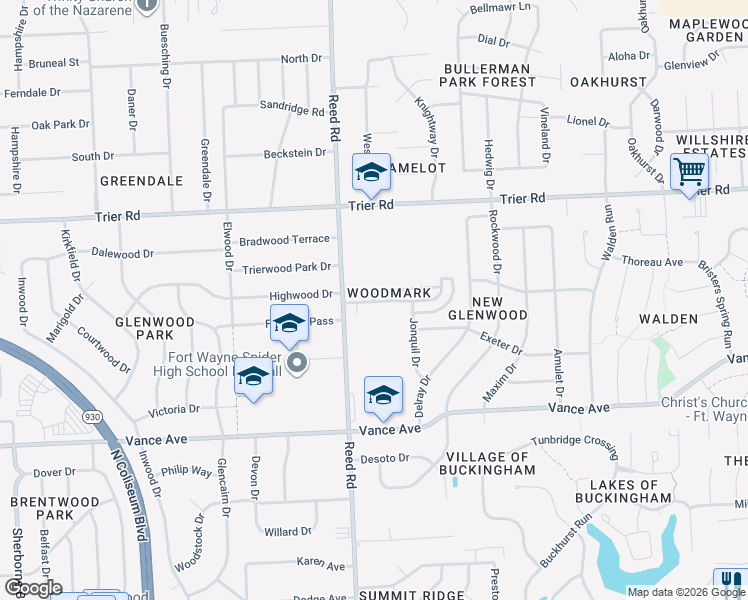 map of restaurants, bars, coffee shops, grocery stores, and more near 4803 Woodmark Court in Fort Wayne
