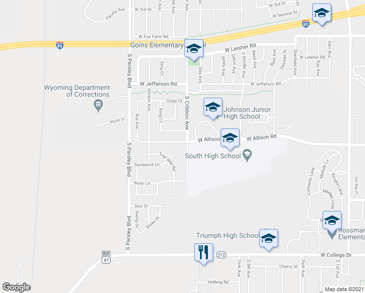 map of restaurants, bars, coffee shops, grocery stores, and more near 1409 West Allison Road in Cheyenne
