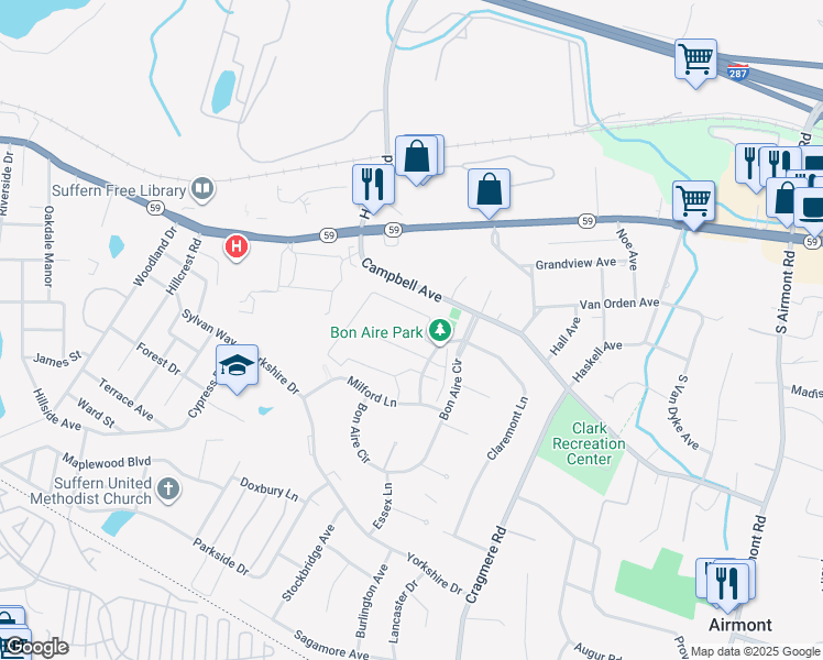 map of restaurants, bars, coffee shops, grocery stores, and more near 116 Bon Aire Circle West in Suffern