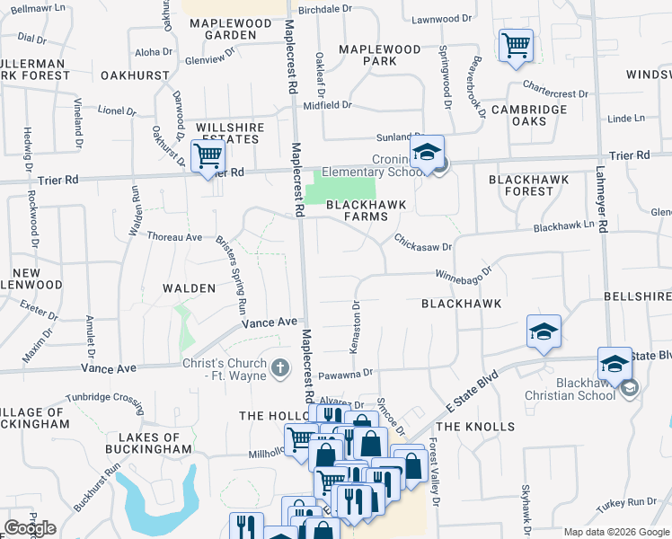 map of restaurants, bars, coffee shops, grocery stores, and more near 6410 Winnebago Court in Fort Wayne