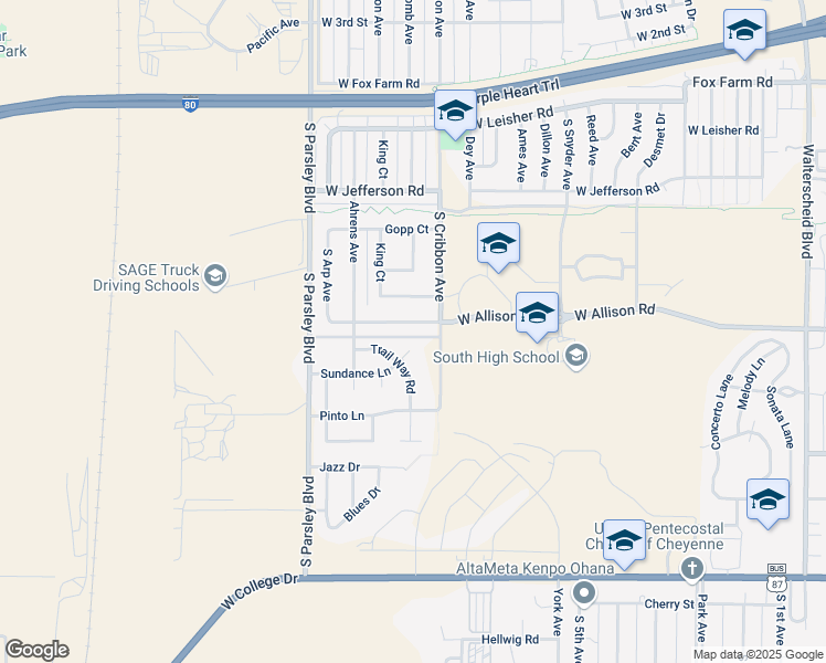 map of restaurants, bars, coffee shops, grocery stores, and more near 1503 Sundance Lane in Cheyenne
