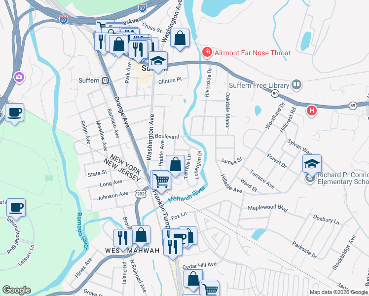 map of restaurants, bars, coffee shops, grocery stores, and more near 10 Temple Lane in Suffern