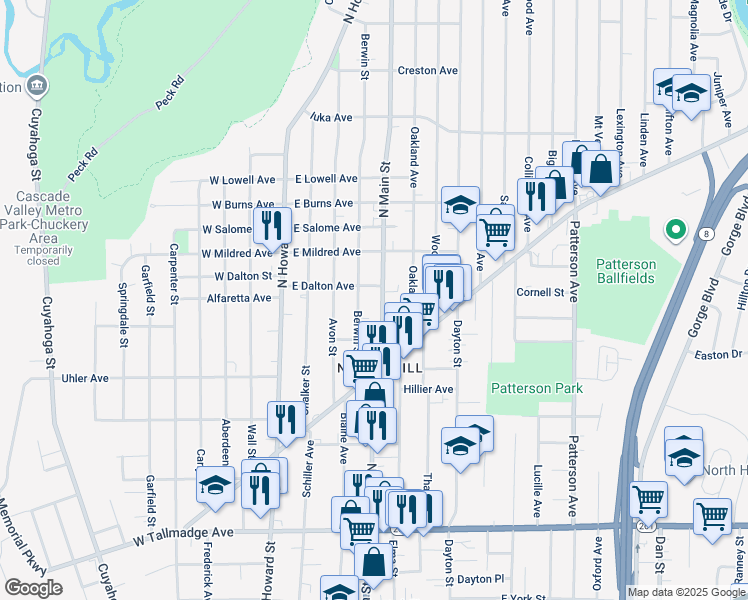 map of restaurants, bars, coffee shops, grocery stores, and more near 878 Berwin Street in Akron