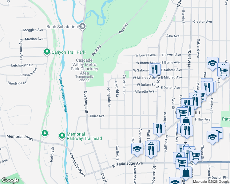 map of restaurants, bars, coffee shops, grocery stores, and more near 868 Garfield Street in Akron