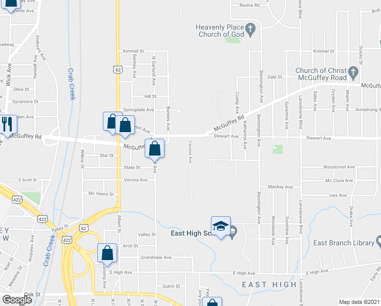 map of restaurants, bars, coffee shops, grocery stores, and more near 762 Cassius Avenue in Youngstown