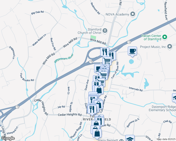 map of restaurants, bars, coffee shops, grocery stores, and more near 167 Dunn Avenue in Stamford