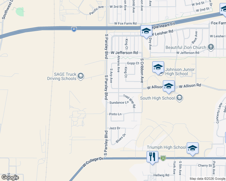 map of restaurants, bars, coffee shops, grocery stores, and more near 1416 Ahrens Avenue in Cheyenne