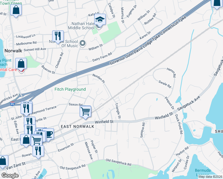 map of restaurants, bars, coffee shops, grocery stores, and more near 10 Norden Place in Norwalk