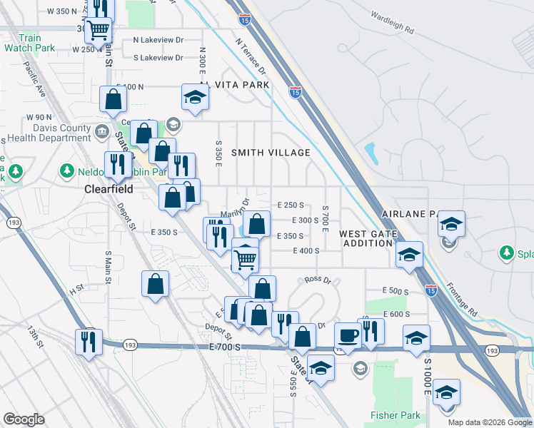 map of restaurants, bars, coffee shops, grocery stores, and more near 288 South 500 East in Clearfield