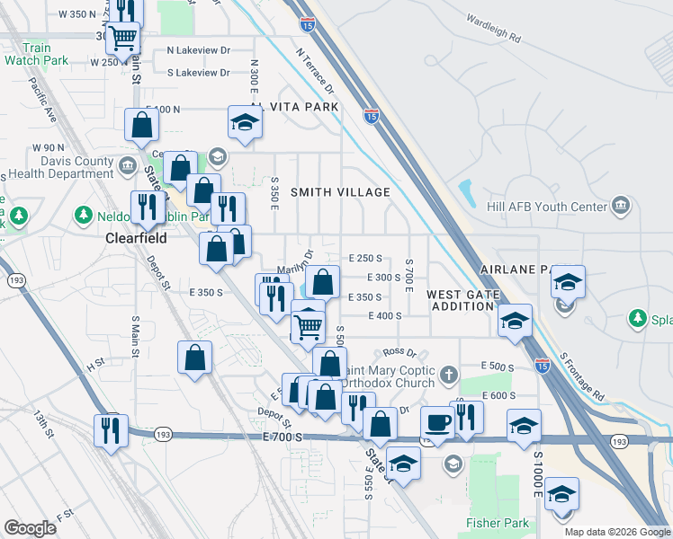 map of restaurants, bars, coffee shops, grocery stores, and more near 288 South 500 East in Clearfield
