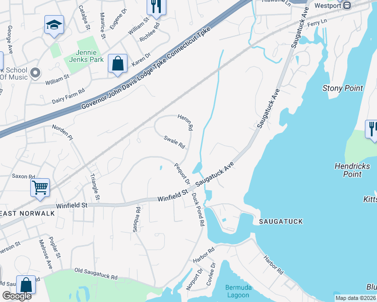 map of restaurants, bars, coffee shops, grocery stores, and more near 24 Heron Rd in Norwalk