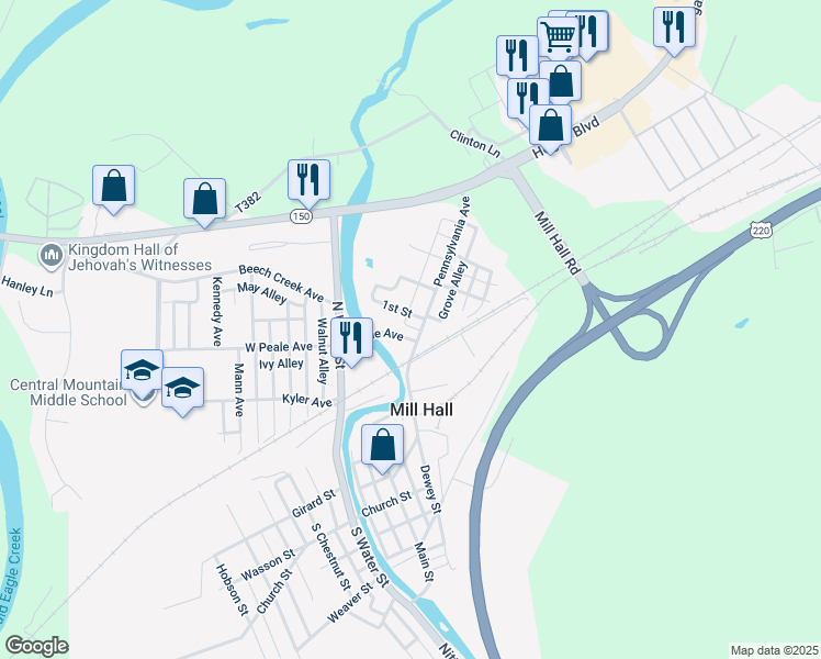 map of restaurants, bars, coffee shops, grocery stores, and more near 71 Pennsylvania Avenue in Mill Hall