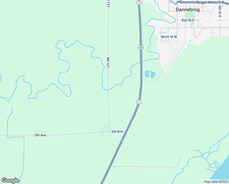 map of restaurants, bars, coffee shops, grocery stores, and more near 504-528 Road 121 in Dannebrog