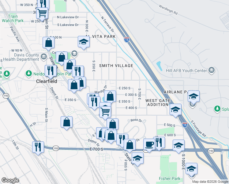 map of restaurants, bars, coffee shops, grocery stores, and more near 288 South 500 East in Clearfield