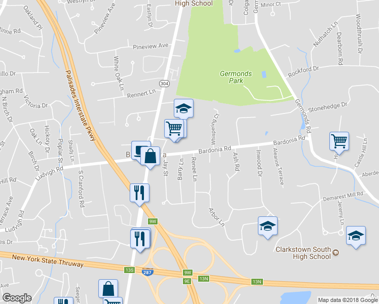 map of restaurants, bars, coffee shops, grocery stores, and more near 89 Bardonia Road in Nanuet