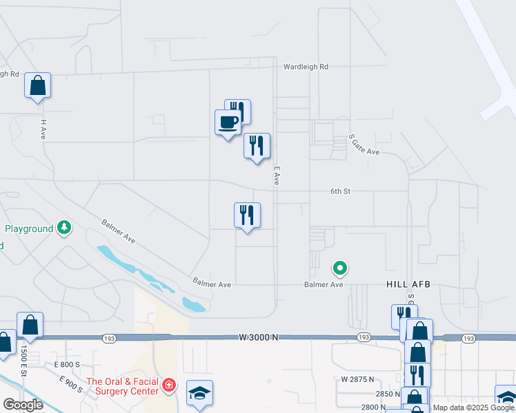 map of restaurants, bars, coffee shops, grocery stores, and more near 7981 Georgia Street in Hill Air Force Base