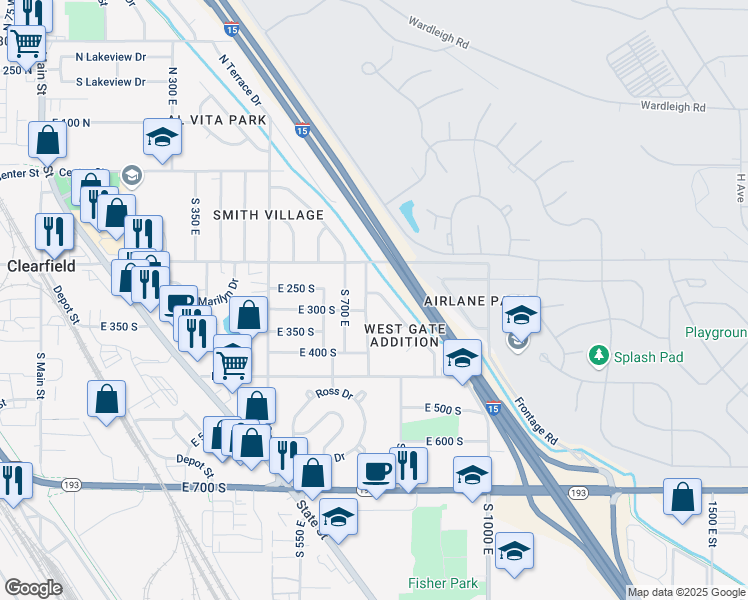 map of restaurants, bars, coffee shops, grocery stores, and more near 328 South 750 East in Clearfield