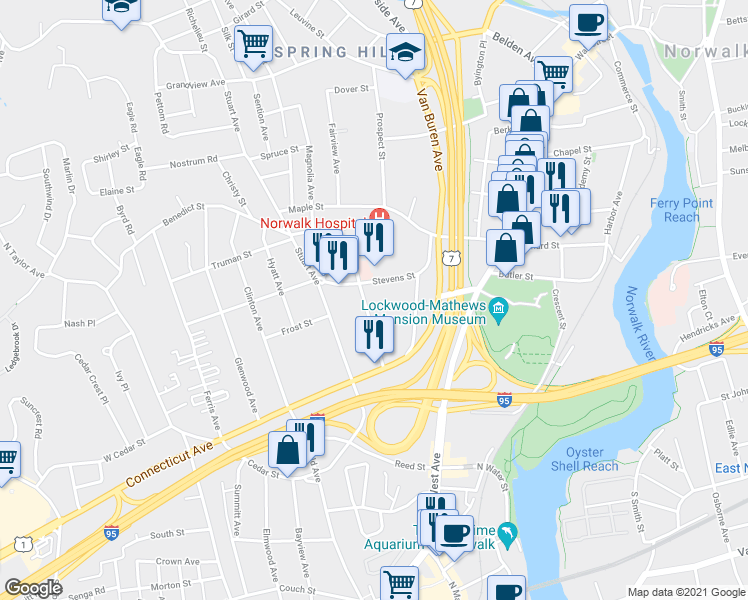 map of restaurants, bars, coffee shops, grocery stores, and more near 19 Woodbury Avenue in Norwalk