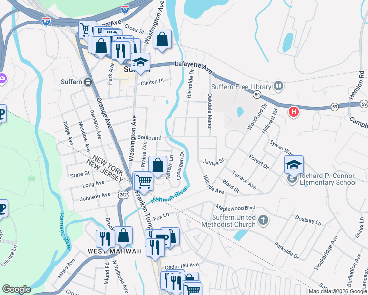 map of restaurants, bars, coffee shops, grocery stores, and more near 44 Lonergan Drive in Suffern