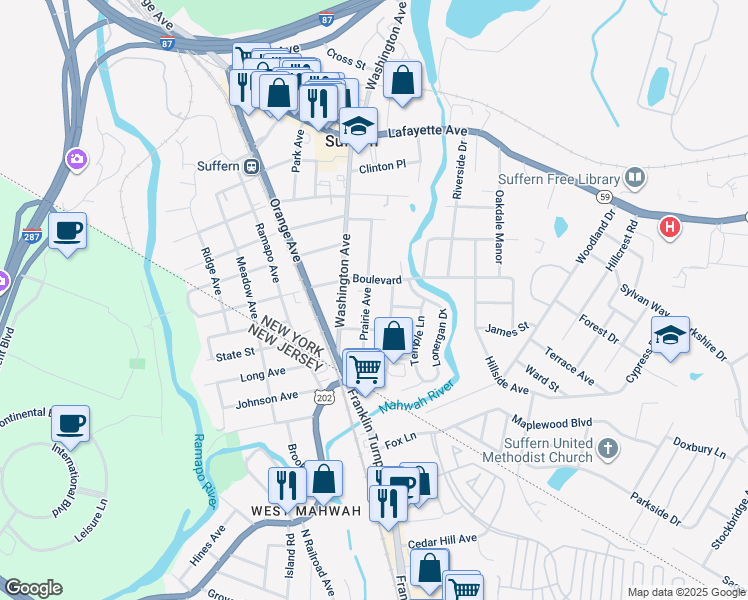 map of restaurants, bars, coffee shops, grocery stores, and more near 19 Rockland Terrace in Suffern