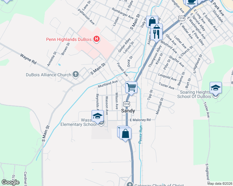 map of restaurants, bars, coffee shops, grocery stores, and more near 111 Wilson Avenue in DuBois