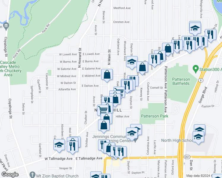 map of restaurants, bars, coffee shops, grocery stores, and more near 867 North Main Street in Akron