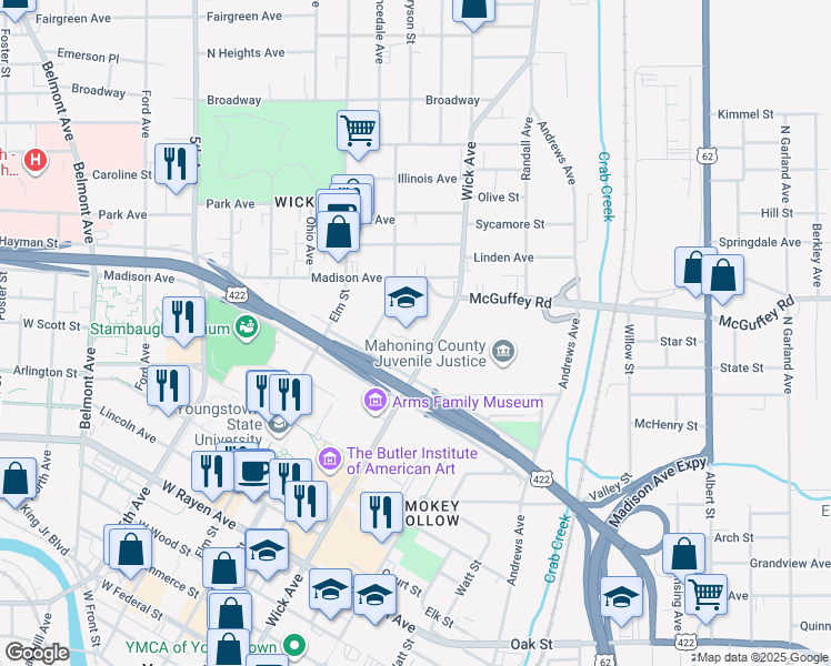map of restaurants, bars, coffee shops, grocery stores, and more near 750 Wick Avenue in Youngstown