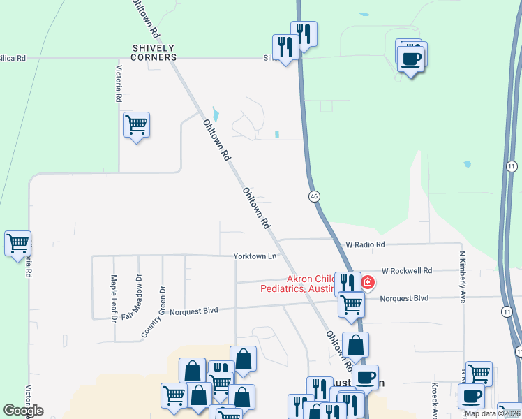 map of restaurants, bars, coffee shops, grocery stores, and more near 275 Ohltown Road in Youngstown