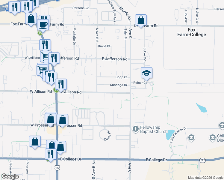 map of restaurants, bars, coffee shops, grocery stores, and more near 711 E Allison Rd in Cheyenne