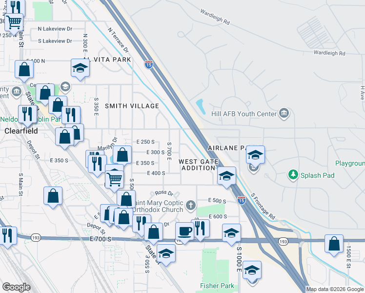 map of restaurants, bars, coffee shops, grocery stores, and more near 273 South 750 East in Clearfield