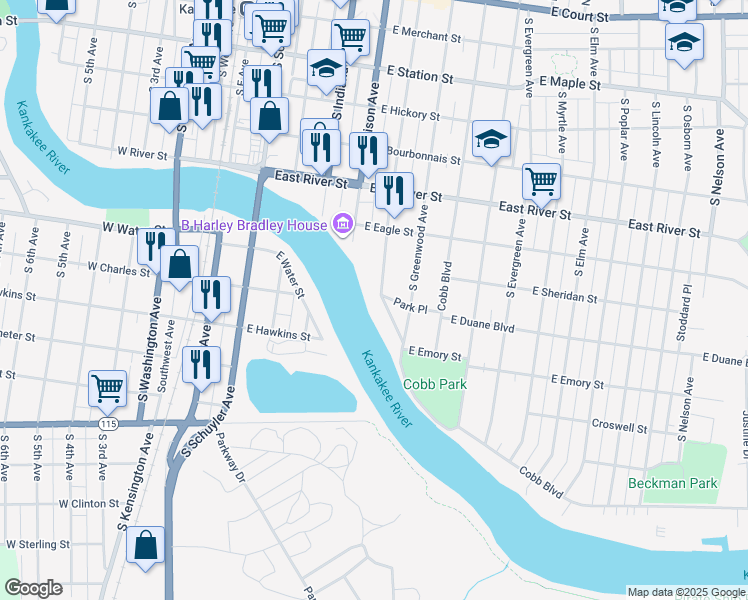 map of restaurants, bars, coffee shops, grocery stores, and more near 901 South Chicago Avenue in Kankakee
