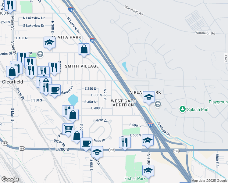 map of restaurants, bars, coffee shops, grocery stores, and more near 230 South 750 East in Clearfield