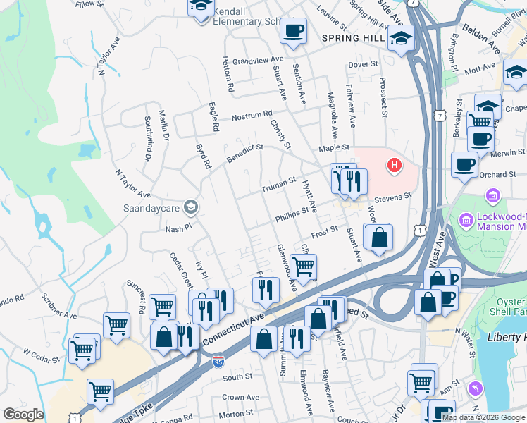 map of restaurants, bars, coffee shops, grocery stores, and more near 66 Glenwood Avenue in Norwalk