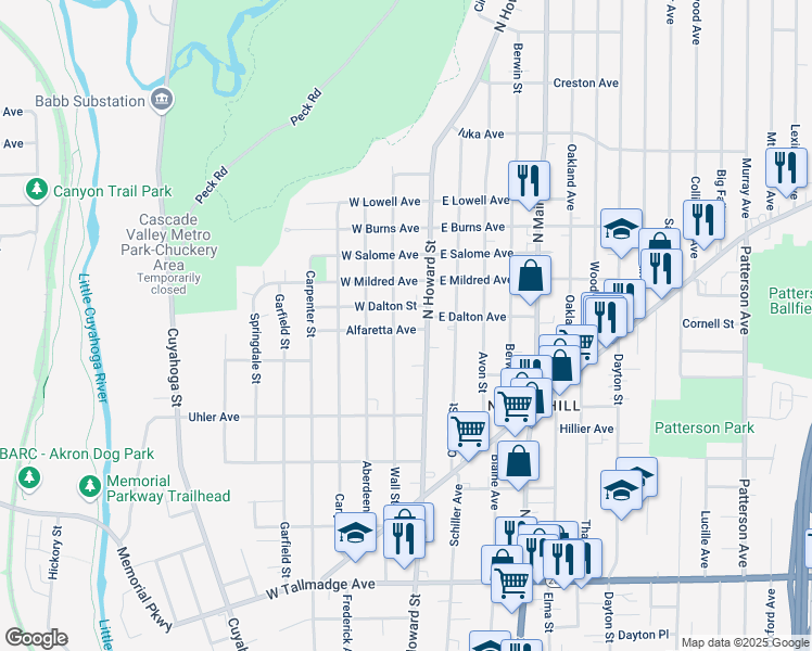 map of restaurants, bars, coffee shops, grocery stores, and more near 23 Alfaretta Avenue in Akron