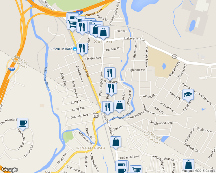 map of restaurants, bars, coffee shops, grocery stores, and more near 33 Prairie Avenue in Suffern