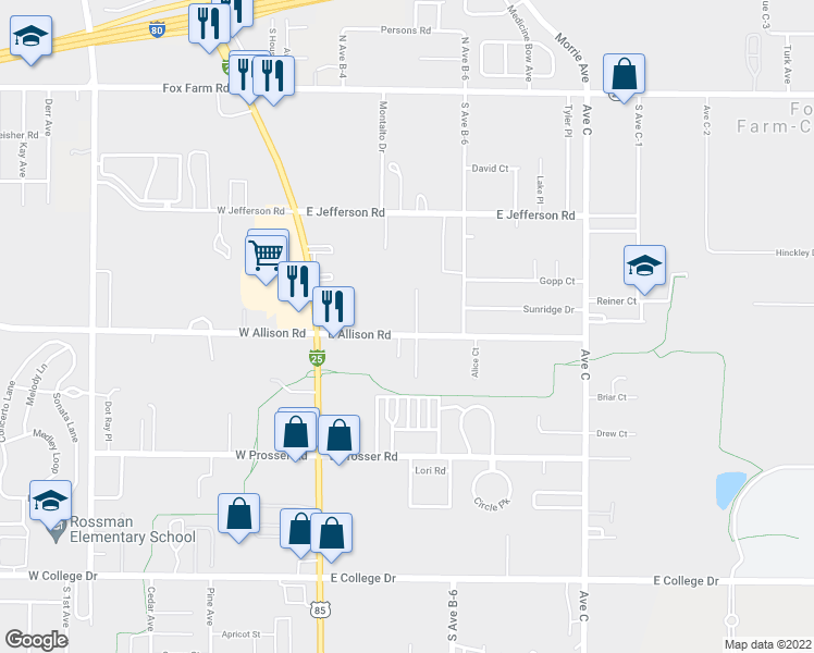 map of restaurants, bars, coffee shops, grocery stores, and more near 310 East Allison Road in Cheyenne