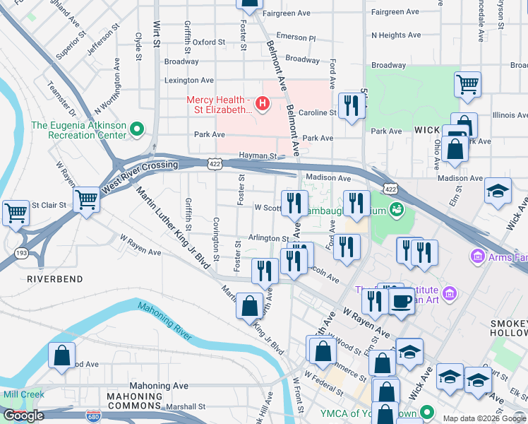 map of restaurants, bars, coffee shops, grocery stores, and more near 535 George Street in Youngstown