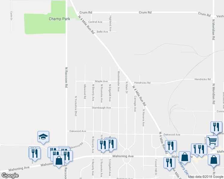 map of restaurants, bars, coffee shops, grocery stores, and more near 277 North Edgehill Avenue in Youngstown